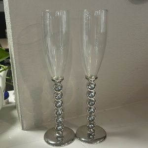 Champagne Toasting Flutes with Rhinestone Stems Set of 2 Glasses